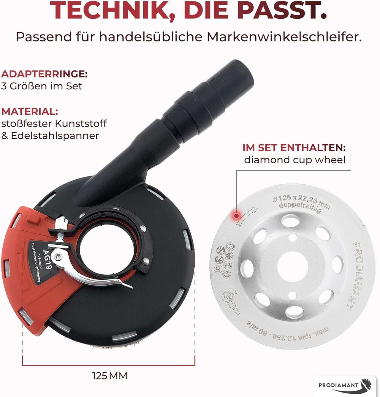 Absaughaube für 125mm Winkelschleifer Set mit Diamantschleiftopf & Staubabsaugung